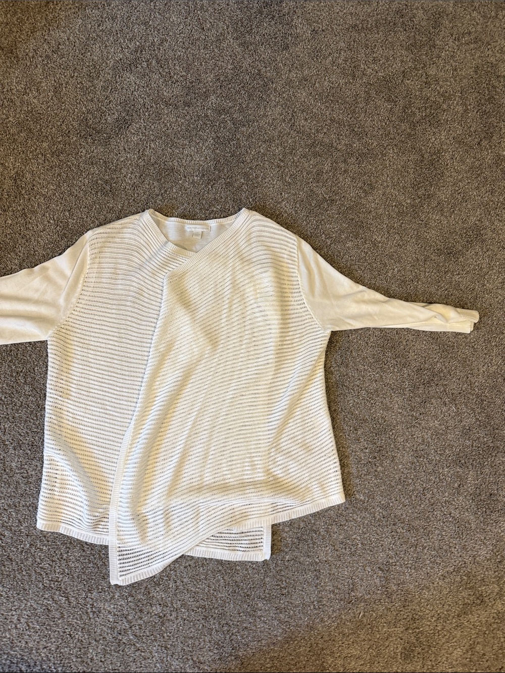 New York & Company Cream Asymmetrical Open-Knit Crewneck Sweater